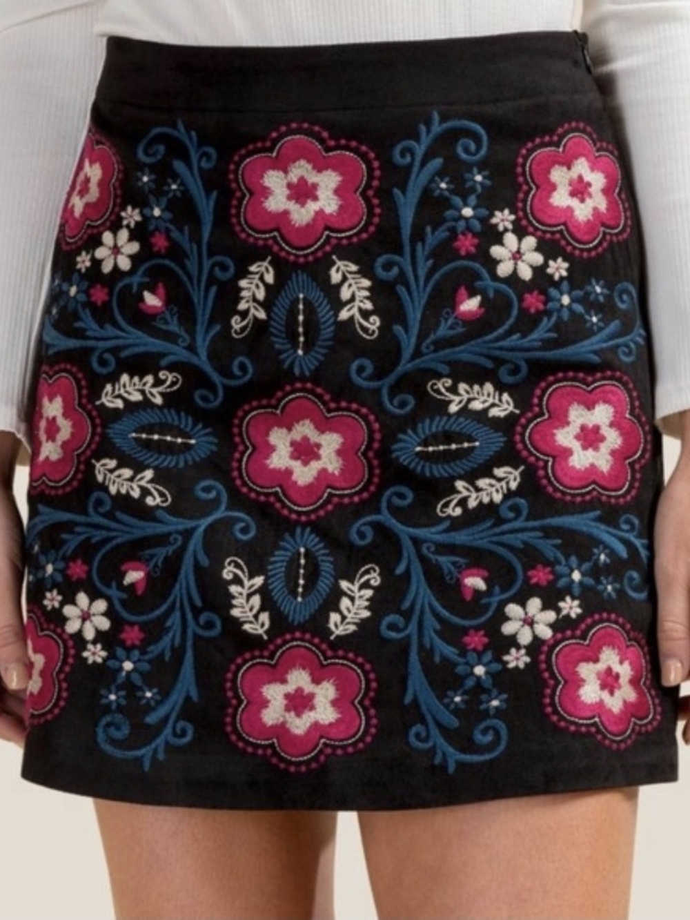 miami Black Mini Skirt with Pink & Blue Floral Embroidery